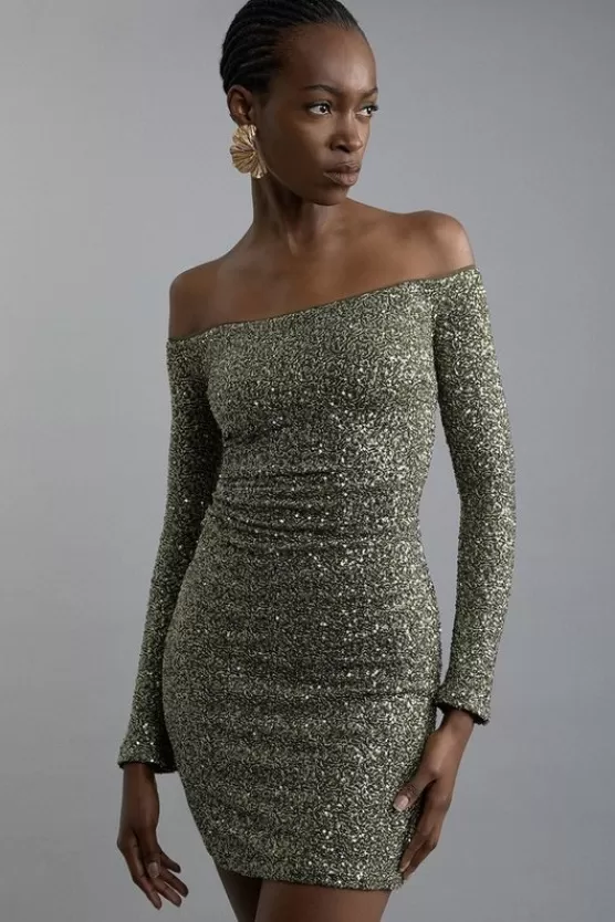 Sale Karen Millen Sequin Off The Shoulder Mini Dress khaki