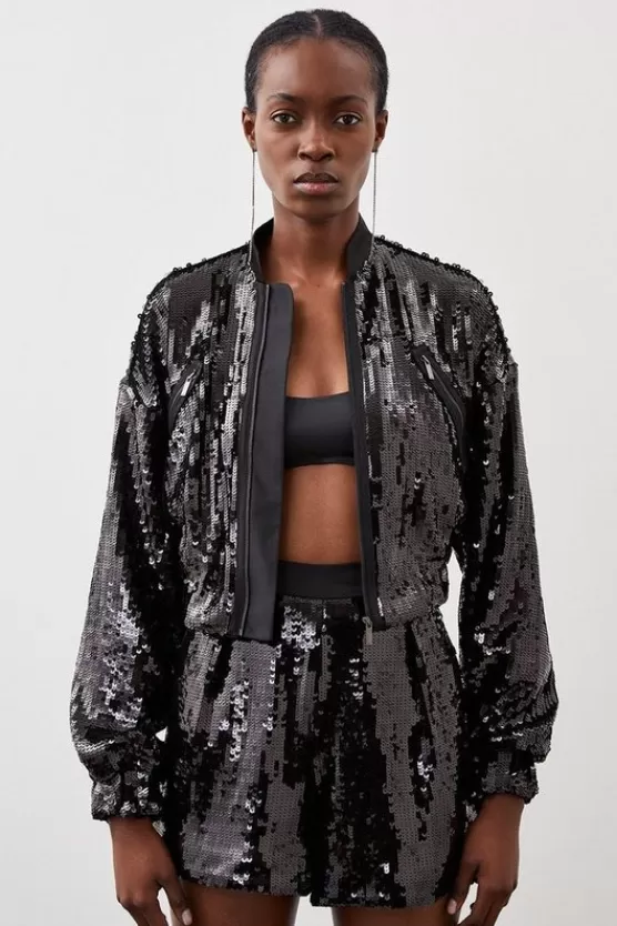 Cheap Karen Millen Sequin Woven Bomber Jacket black