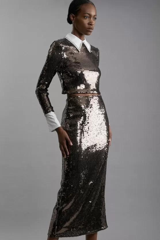 Sale Karen Millen Sequin Woven Midi Skirt gunmetal