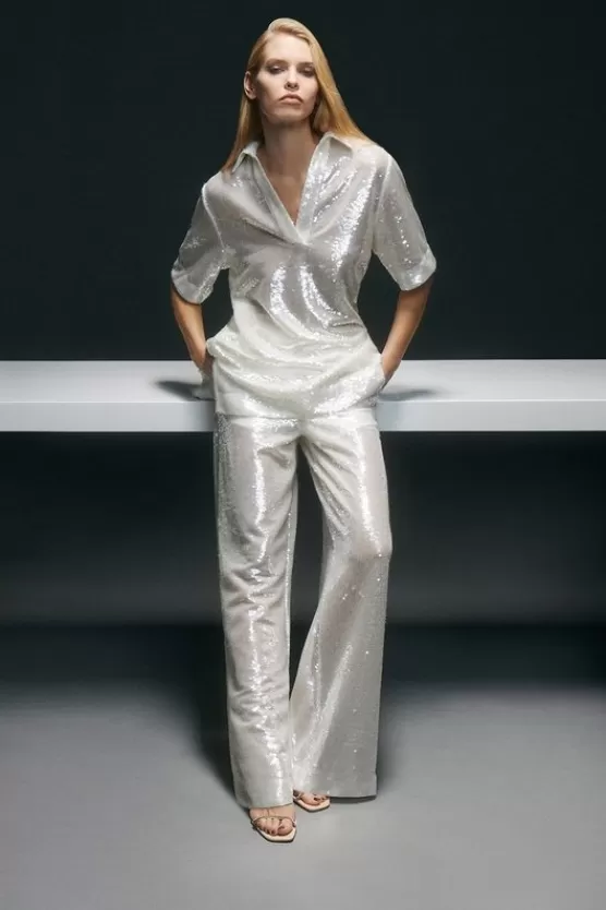 Best Sale Karen Millen Sequin Woven Wide Leg Pants silver