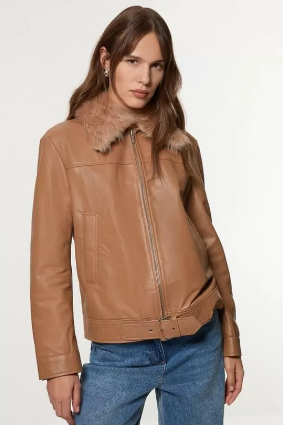 New Karen Millen Shearling Collar Leather Zip Through Jacket camel