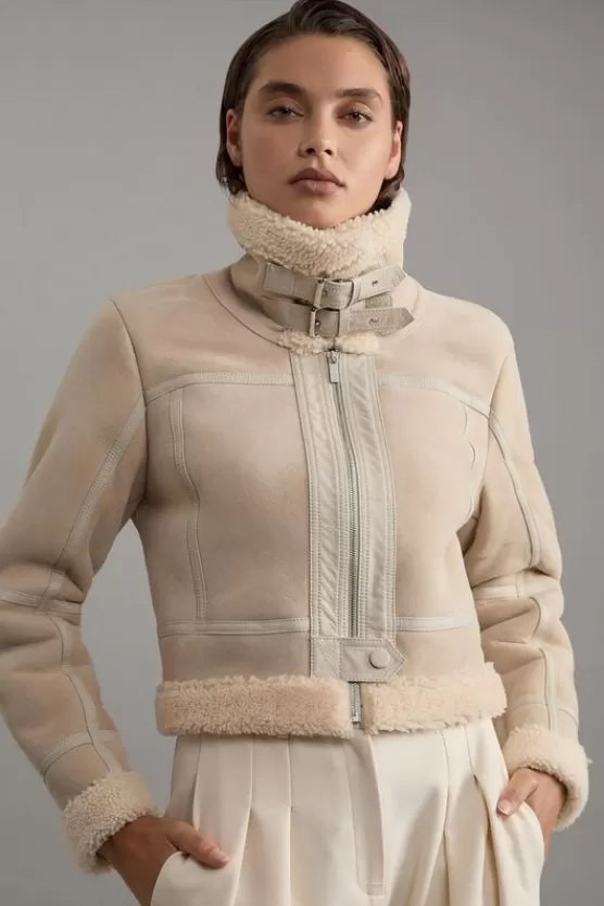 Clearance Karen Millen Shearling Crop Aviator Jacket cream