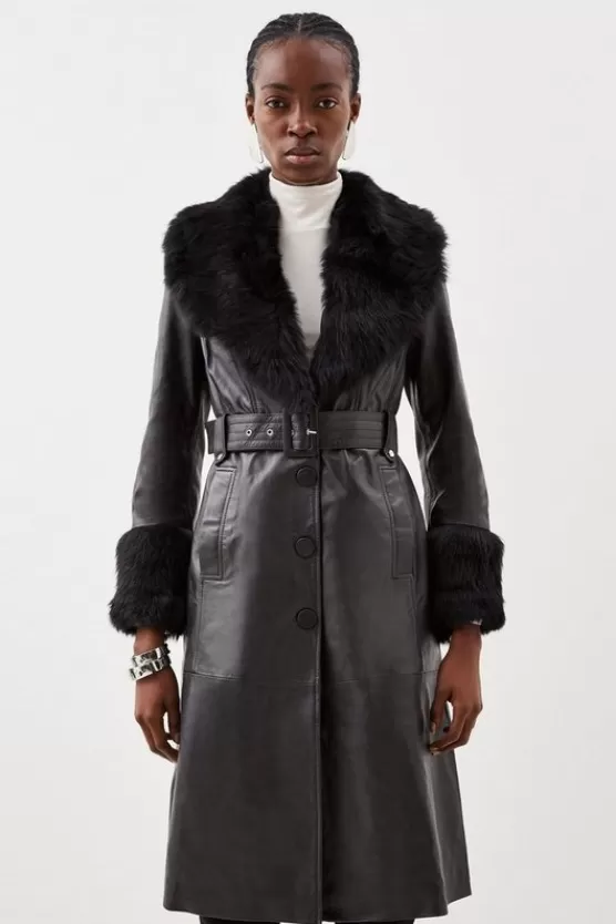 Outlet Karen Millen Shearling Cuff And Collar Leather Coat black