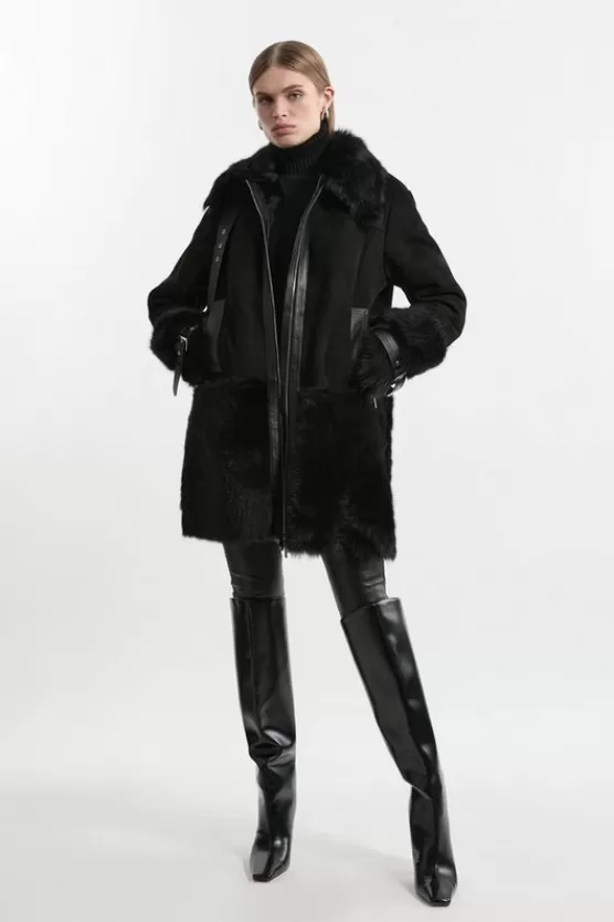 Shop Karen Millen Shearling Longline Avaitor Coat black