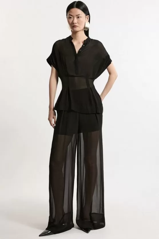 Outlet Karen Millen Sheer Viscose Georgette Woven Side Split Pants black