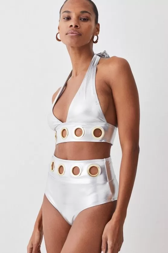 Discount Karen Millen Lame Eyelet Detail Bikini Set silver