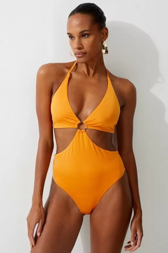 Hot Karen Millen Slinky Cut Out Ring Detail Swimsuit orange