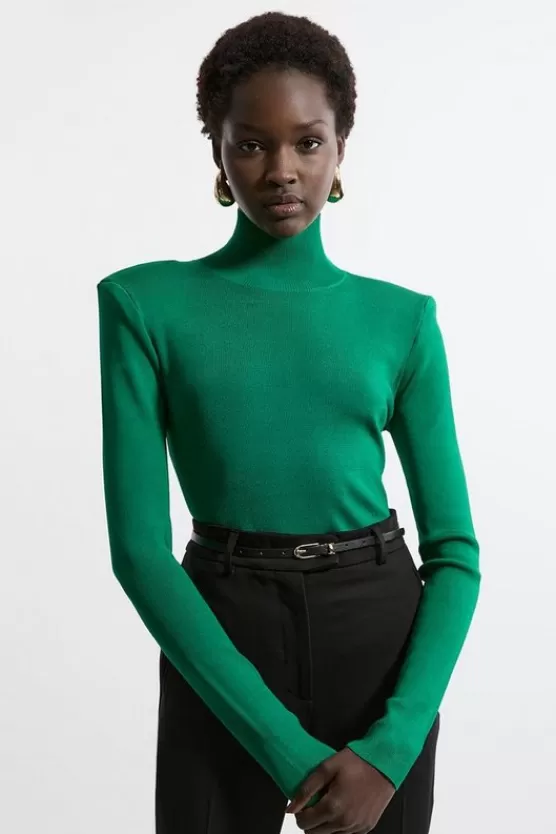 Cheap Karen Millen Slinky Drape Knit Power Shoulder Funnel Neck Top green