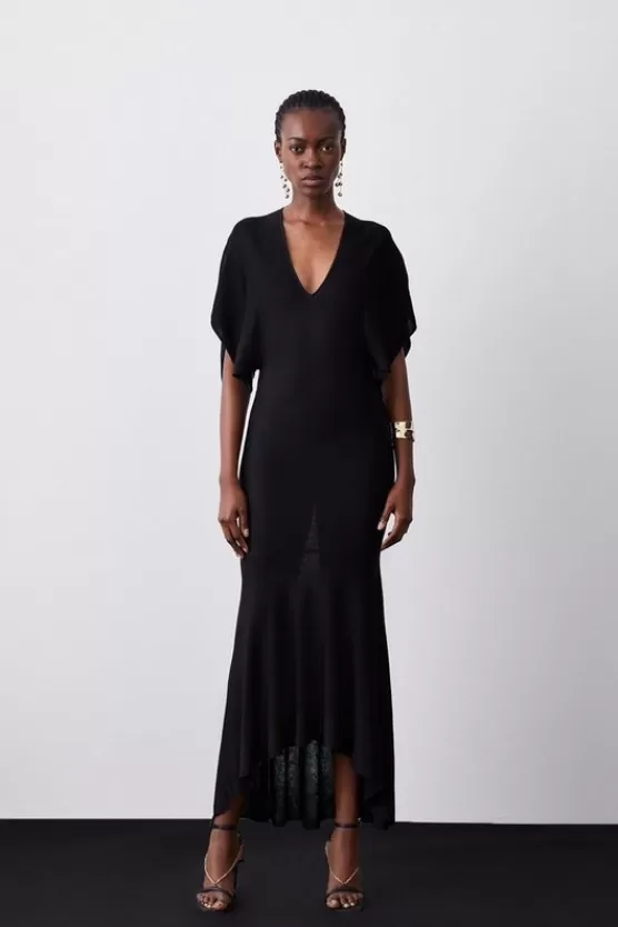 Hot Karen Millen Slinky Knit Kimono Sleeve V Neck High Low Midaxi Dress black