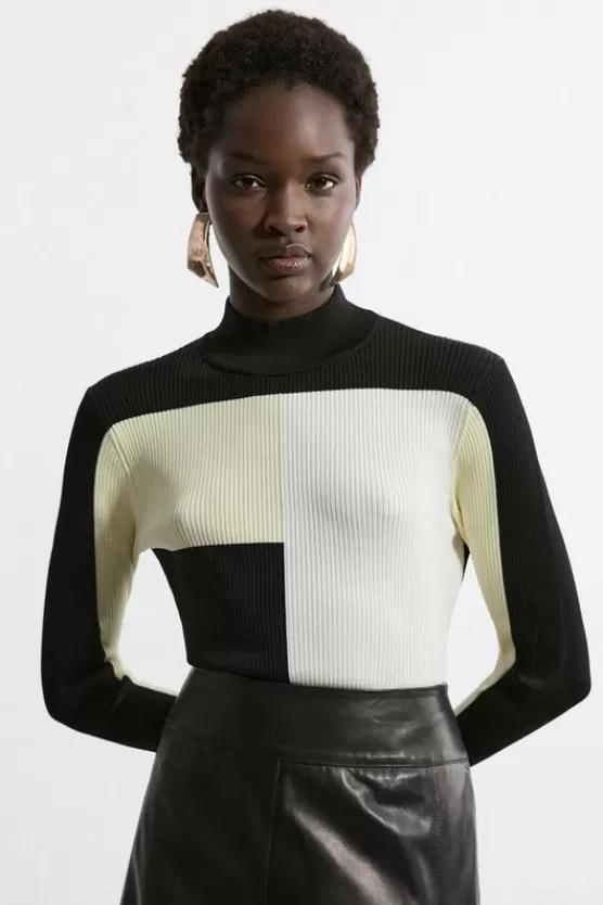 Cheap Karen Millen Slinky Rib Knit Color Block Top softlime