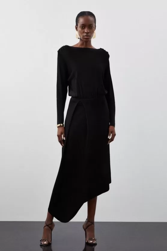 Sale Karen Millen Slinky Viscose Knit Round Sleeve Midaxi Dress black