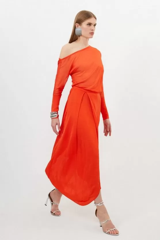 Flash Sale Karen Millen Slinky Viscose Blend Off Shoulder Asymmetric Midaxi Dress tomato