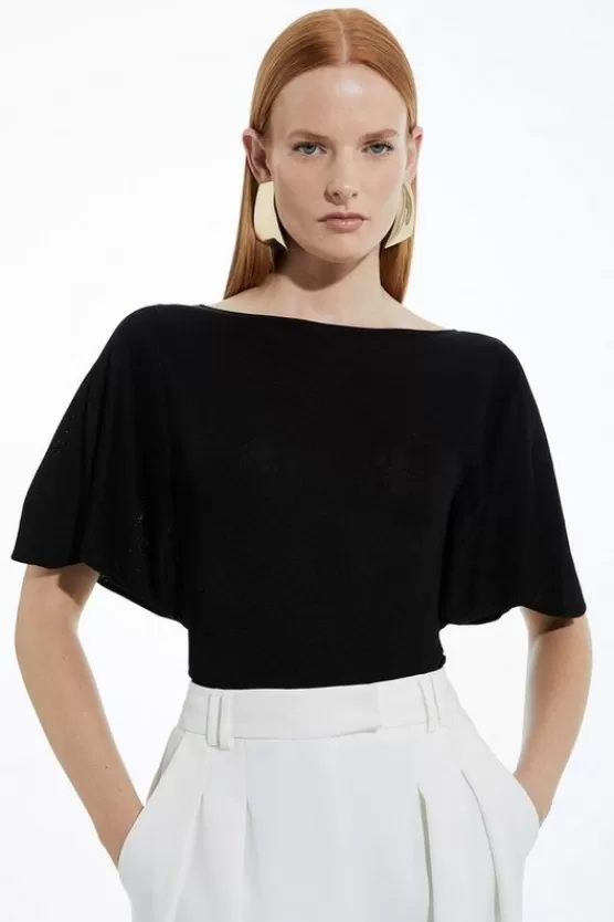 Best Karen Millen Slinky Viscose Flutter Sleeve Knit Top black