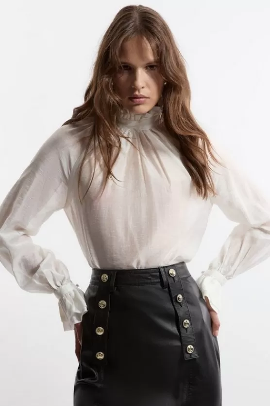 Cheap Karen Millen Slub Organdie Frill Detail Collar And Cuff Woven Blouse ivory