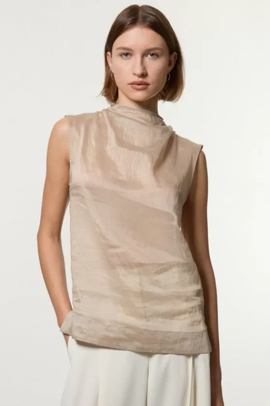 Fashion Karen Millen Slub Organdie Woven High Neck Top champagne