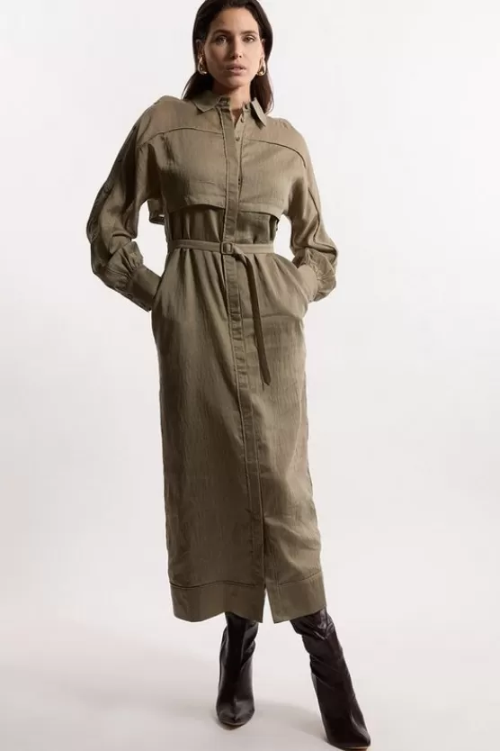 Best Sale Karen Millen Slub Organdie Woven Utility Midi Dress With Button Sleeve Detail khaki