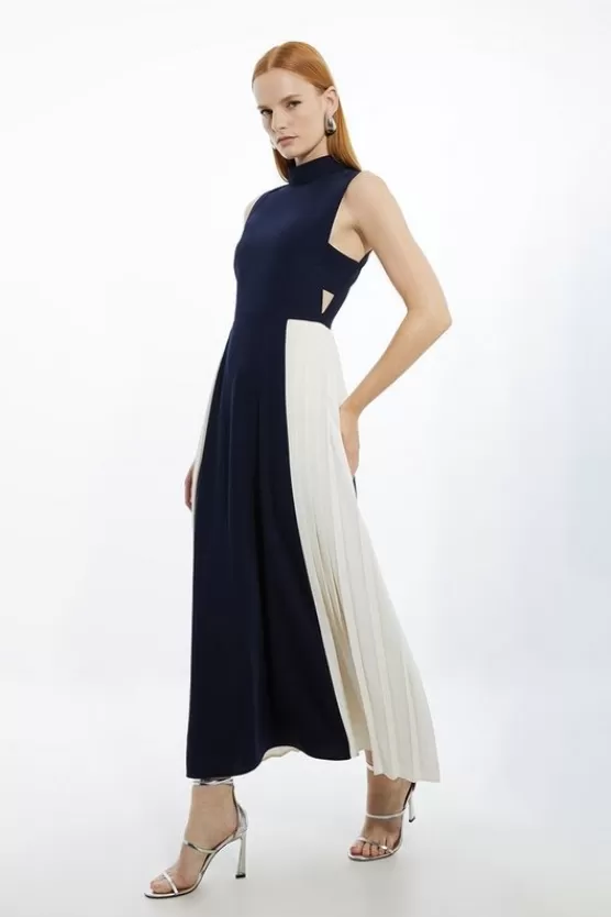 Best Sale Karen Millen Soft Tailored Color Block Pleated Panel Midaxi Dress navy