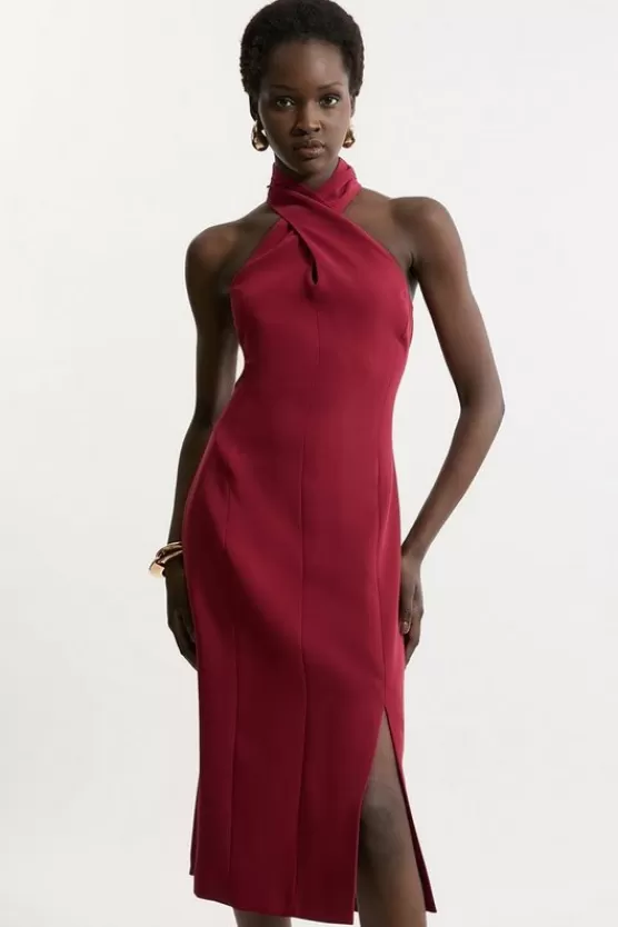 Best Karen Millen Soft Tailored Color Block Tailored Halter Neck Midi Dress merlot