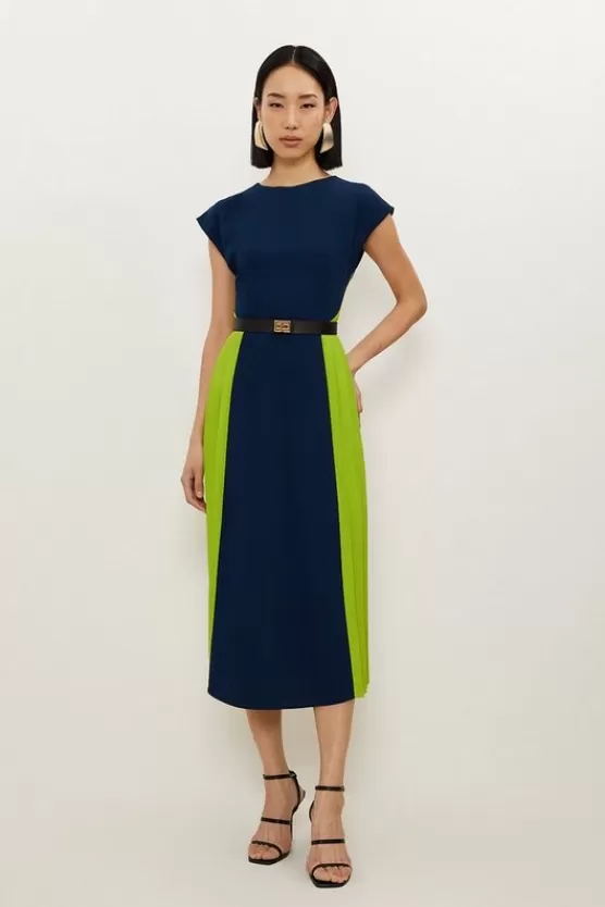 Fashion Karen Millen Soft Tailored Contrast Pleated Panel Skirt Midi Dress navy