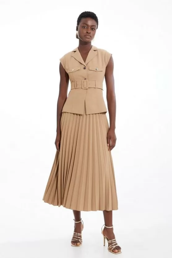 Outlet Karen Millen Soft Tailored Crepe Belted Pleated Midi Dress camel