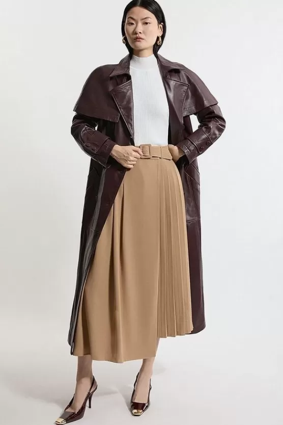 Shop Karen Millen Soft Tailored Crepe Belted Pleated Midi Skirt camel