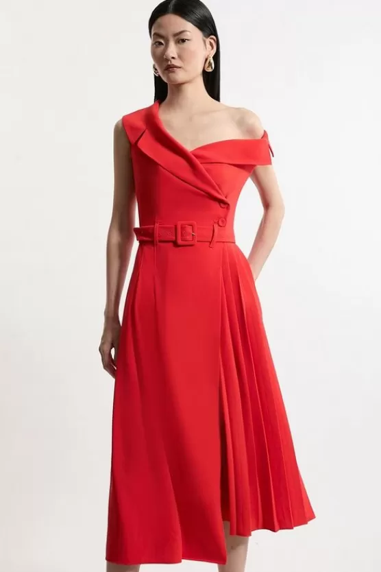 Shop Karen Millen Soft Tailo Crepe One Shoulder Belted Pleated Midi Dress red