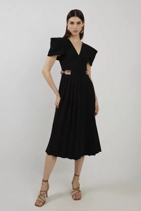 Best Karen Millen Soft Tailored Crepe Tab Detail Pleated Midi Dress black