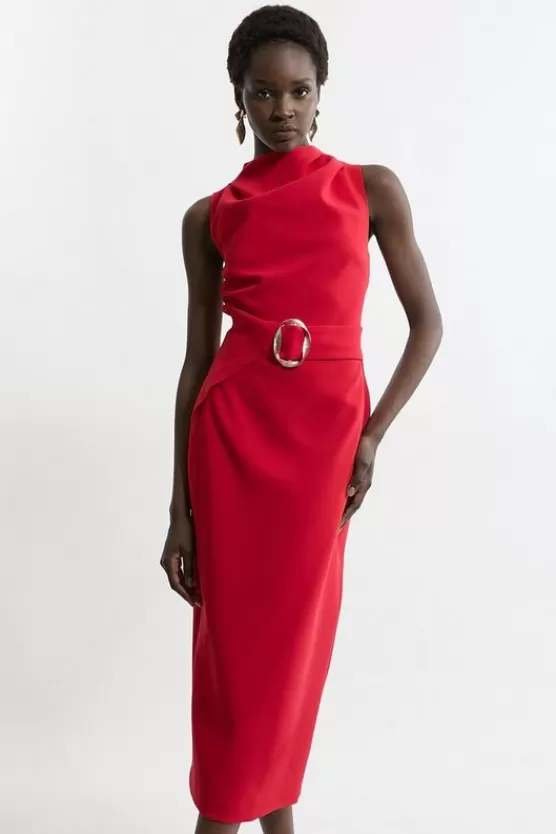 Sale Karen Millen Soft Tailo Drape Detail Sleeveless Tailo Midi Dress red
