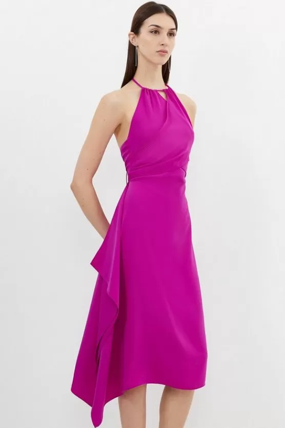 Flash Sale Karen Millen Soft Tailored Draped Wrap Halter Tie Neck Midi Dress magenta