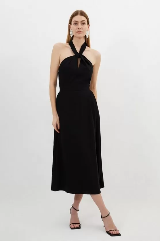 Discount Karen Millen Soft Tailored Halter Tie Neck Pleat Detail Midi Dress black