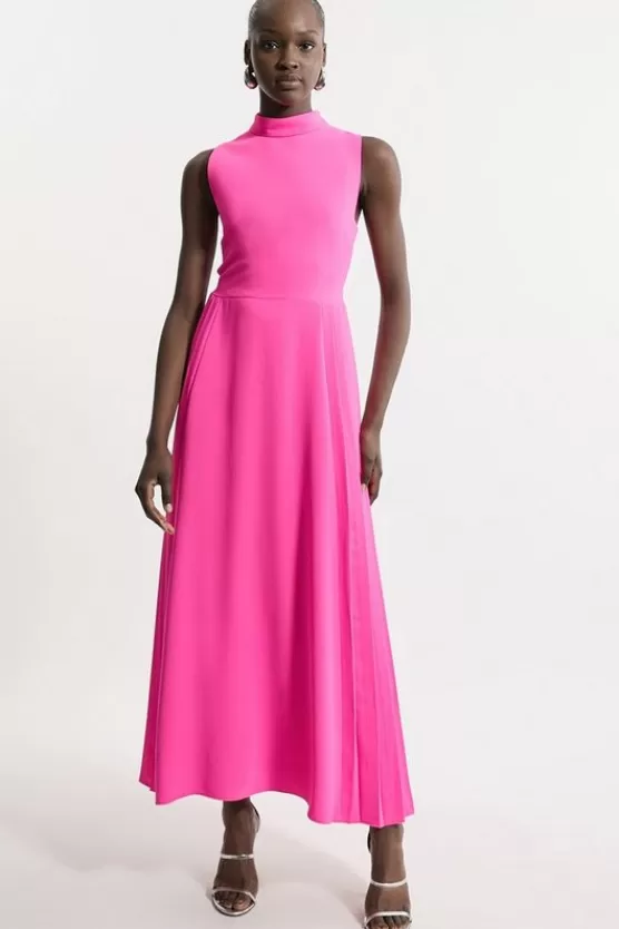 New Karen Millen Soft Tailored Pleated Panel Midaxi Dress hotpink