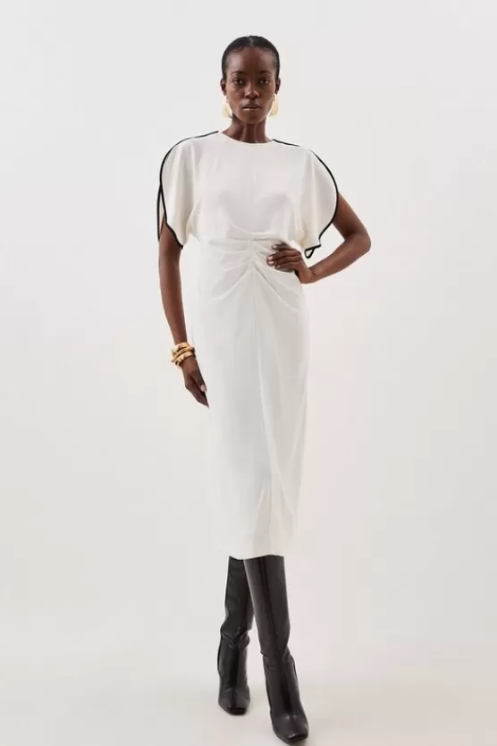 Best Karen Millen Soft Tailored Ruched Front Contrast Tipped Detail Midi Dress ivory