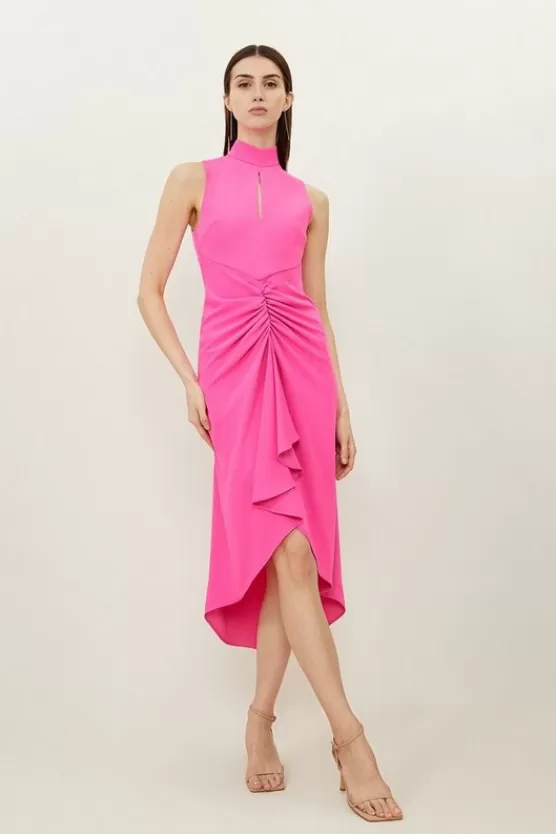 Cheap Karen Millen Soft Tailored Ruched Front High Neck Midi Dress pink