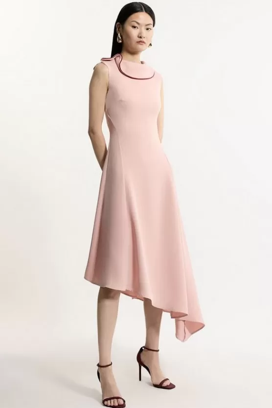 Sale Karen Millen Soft Tailored Tipped Fluid Asymmetric Hem Midi Dress rose