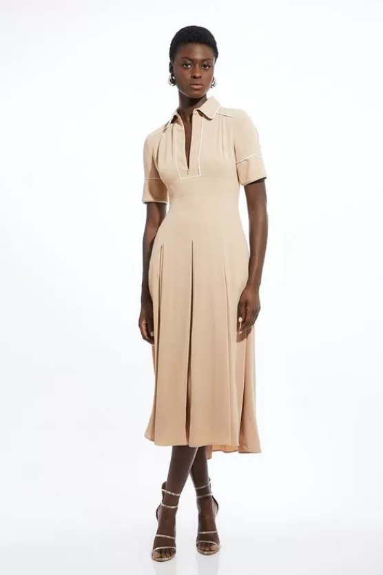 Fashion Karen Millen Soft Tailored Tipped Full Skirted Midi Dress camel