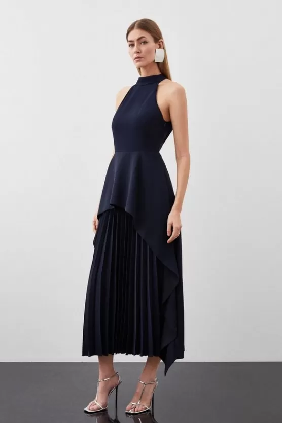 Discount Karen Millen Soft Tailored Waterfall Hem High Neck Midi Dress navy