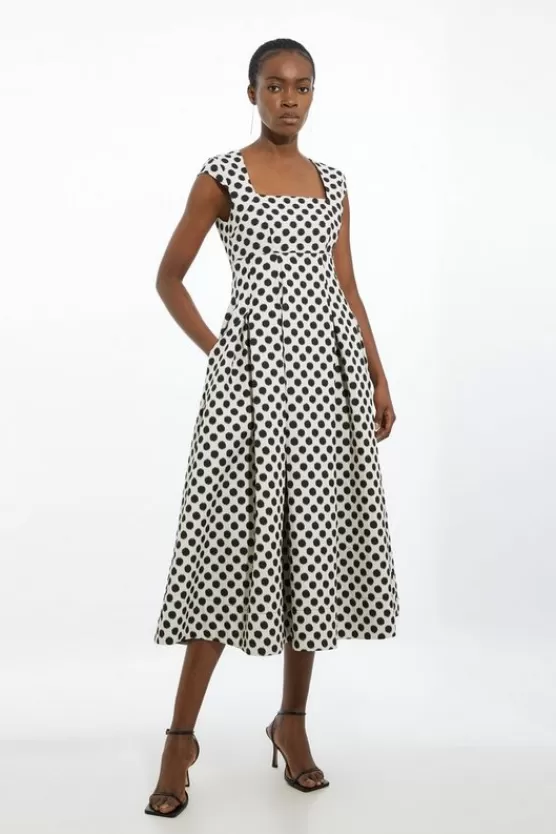 Cheap Karen Millen Spotty Jacquard Tailored Square Neck Full Skirted Midi Dress mono