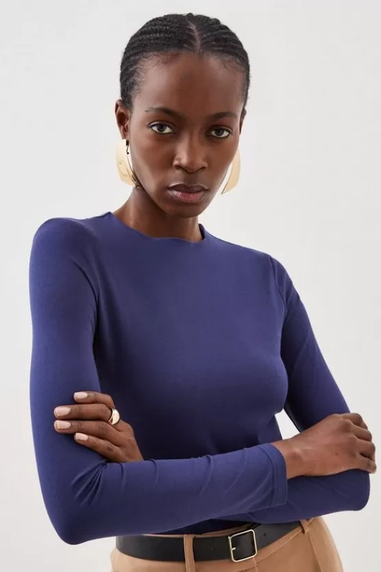 Shop Karen Millen Stretch Cotton Crew Neck Long Sleeve Top navy