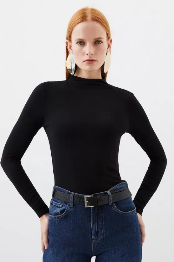 New Karen Millen Stretch Cotton Funnel Neck Top black