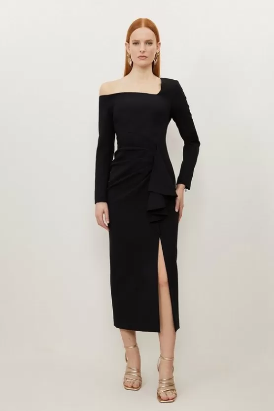 Best Karen Millen Stretch Crepe Asymmetric Neckline Draped Midi Dress black