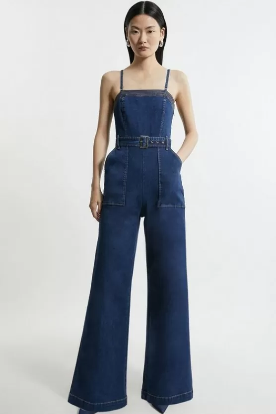 Outlet Karen Millen Stretch Denim Bandeau Belted Wide Leg Jumpsuit indigo