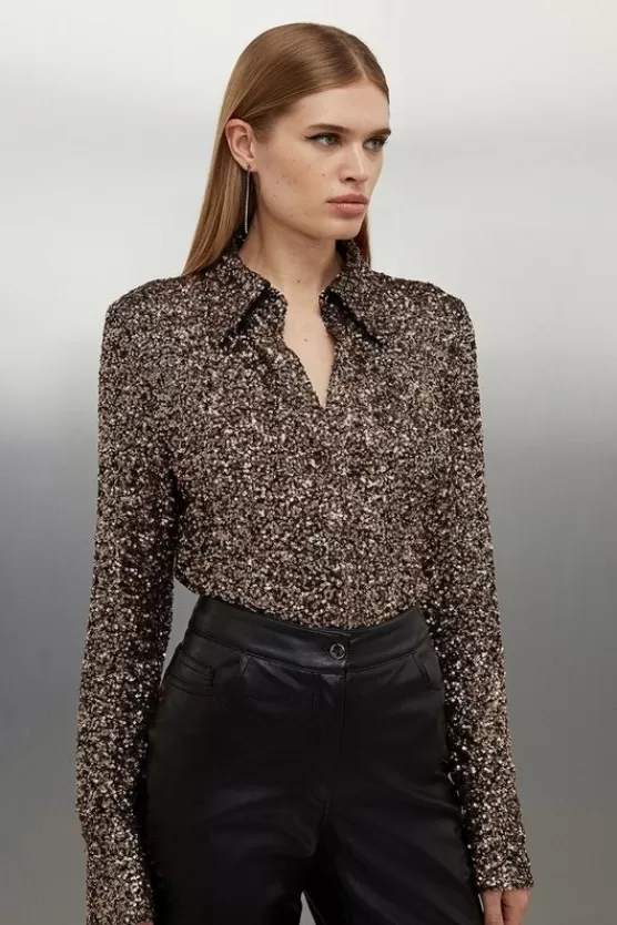 Clearance Karen Millen Stretch Sequin Collar Long Sleeve Shirt gold