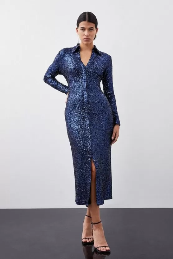 Best Karen Millen Stretch Sequin Collar Plunge Midaxi Dress navy