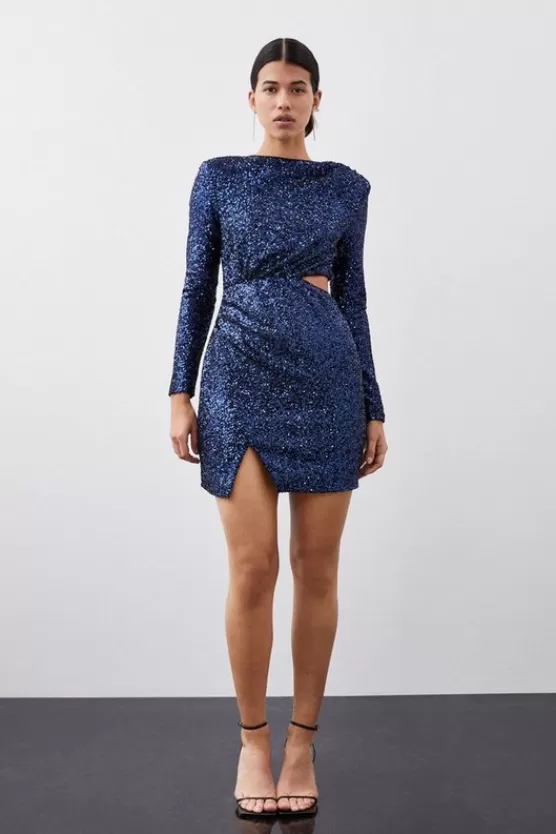 Fashion Karen Millen Stretch Sequin Long Sleeve Cut Out Mini Dress navy