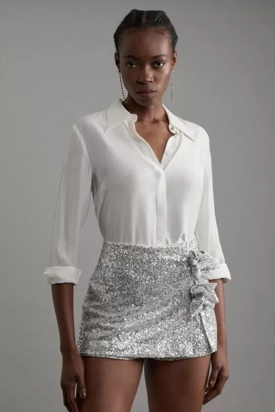 Outlet Karen Millen Stretch Sequin Rosette Mini Skort silver
