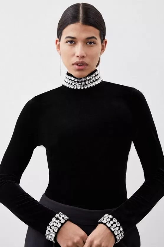 New Karen Millen Stretch Velvet Crystal Embellished Long Sleeve Top black