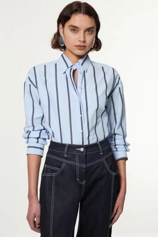 Best Karen Millen Stripe Cotton Oversize Tailored Essential Shirt paleblue