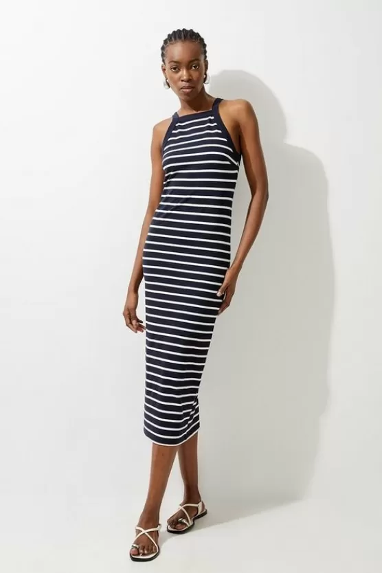 Store Karen Millen Stripe Stretch Cotton Jersey Halter Midi Dress navy