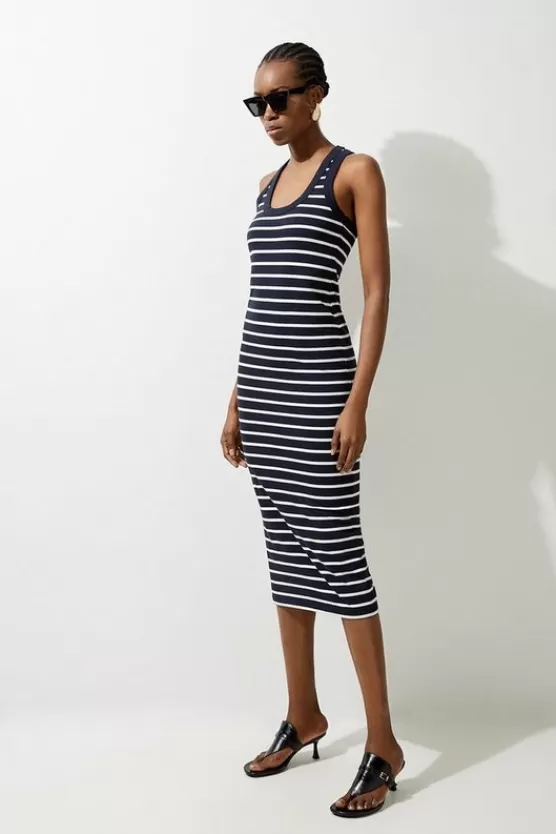 Discount Karen Millen Stripe Stretch Cotton Jersey Racer Back Midi Dress navy