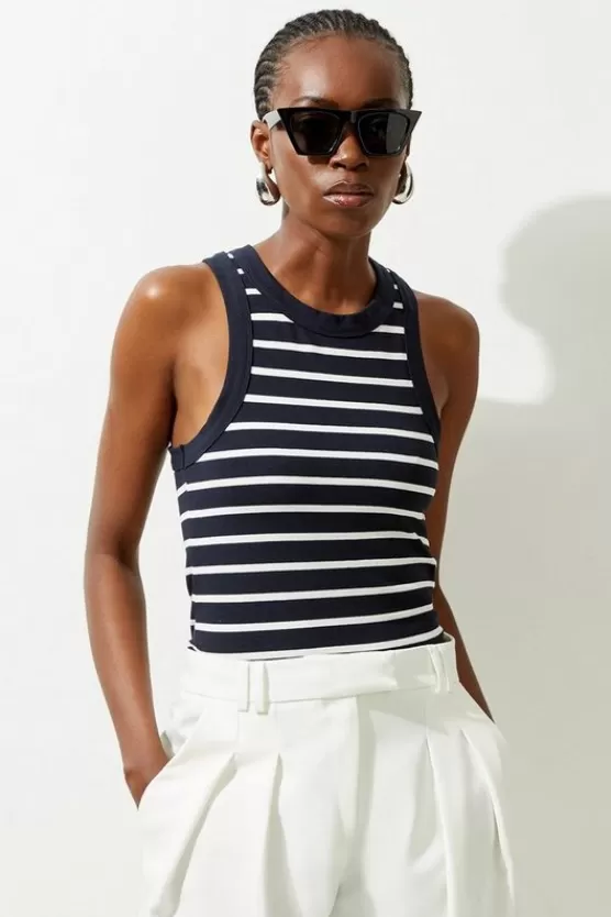 Online Karen Millen Stripe Stretch Cotton Jersey Racer Back Top navy